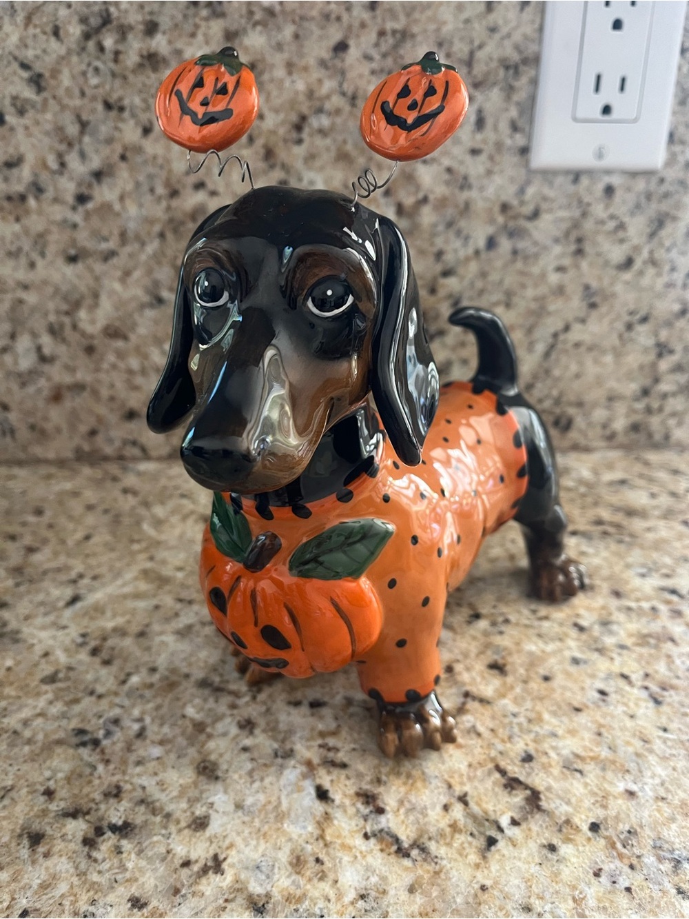 Blue Sky ClayWorks Halloween Dachshund Dog Figurine with Pumpkin